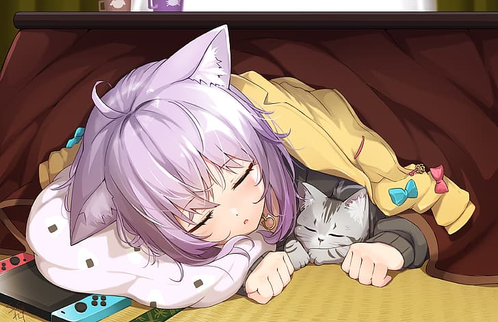 アニメの女の子、寝ている、バーチャルYouTuber、猫又おかゆ、ホロライブ、猫、動物の耳、目を閉じて、ニンテンドースイッチ、 HDデスクトップの壁紙