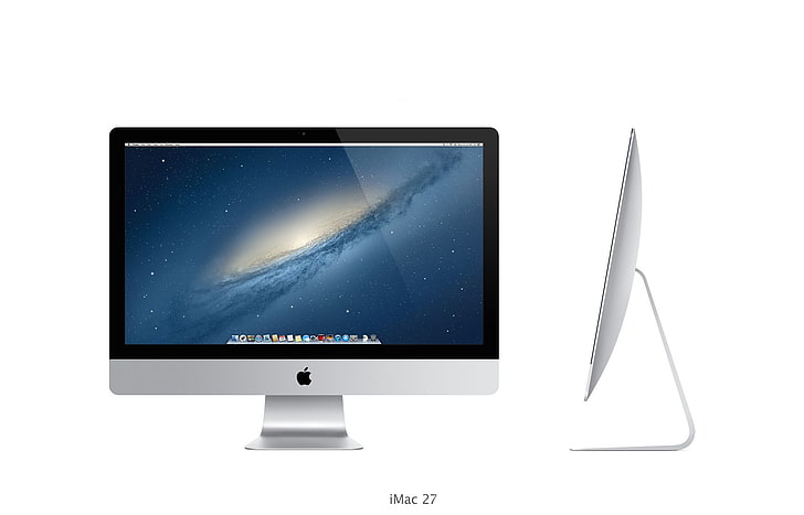 Apple, galaxy, Dock, thin, OS X Mountain Lion, iMac 27 inch, ultra, core i7, my mac, monoblock, apple logo, aluminium, HD wallpaper