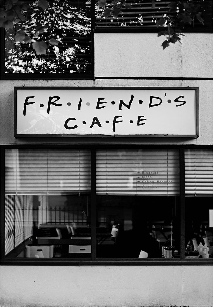 escala de cinza F.R.I.N.D.S C.A.F.E.loja, café, tabuleta, amigos, HD papel de parede, papel de parede de celular
