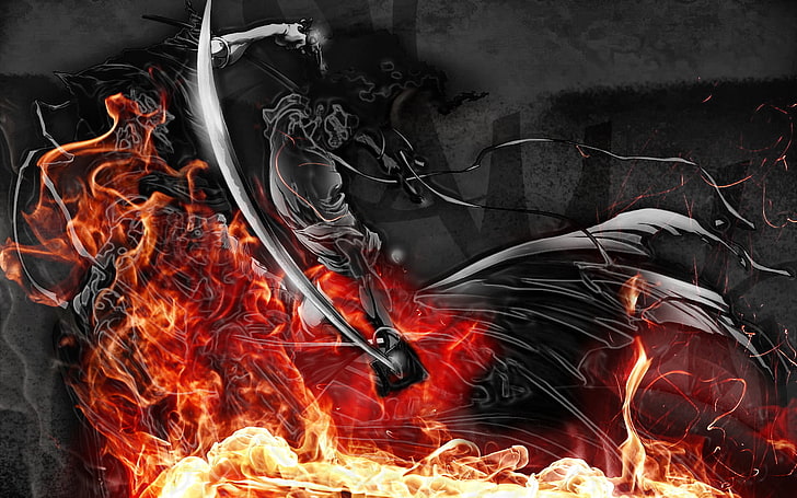 cyfrowa tapeta przedstawiająca skrzydła w płomieniach, anime, Afro Samurai, Tapety HD
