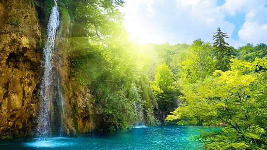 слънчев лъч, Европа, Хърватия, Плитвишки национален парк, национален парк, национален парк Плитвички езера, пътуване, слънце, слънчево, снимка, лято, на открито, езеро, вода, природа, водопади, водопад, HD тапет HD wallpaper