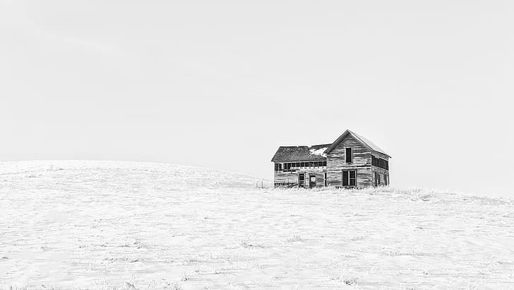 brown wooden building on brown sand, All things, building, brown, sand, abandoned, farm house, black and white, snow, highkey, Palouse, Pacific Northwest, Landscape, Canon EOS 5D Mark III, Canon EF, 70mm, f/2, USM, washington, winter, rural Scene, house, nature, architecture, HD wallpaper