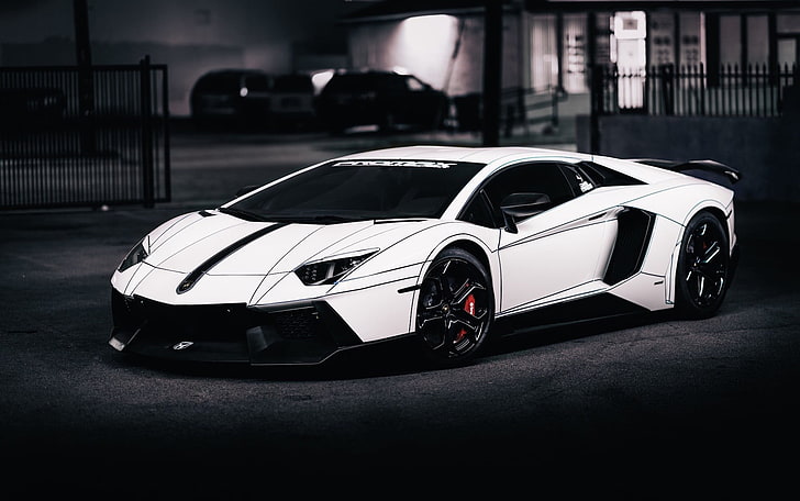 white and black convertible coupe, Lamborghini, Lamborghini Aventador, tron tuning, car, HD wallpaper