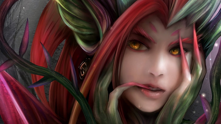 Ilustrasi wanita berambut merah dan hijau, League of Legends, Zyra, mata kuning, Wallpaper HD
