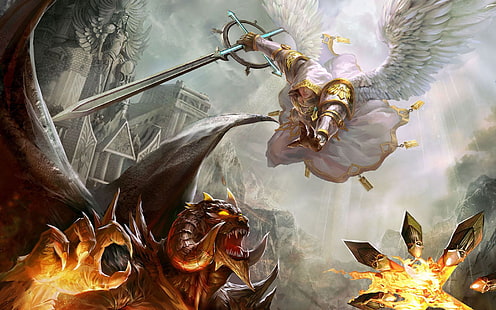 Fond d'écran numérique St. Michael et Diablo, Heroes of Might And Magic 5, art fantastique, démon, ailes, épée, jeux vidéo, Fond d'écran HD HD wallpaper