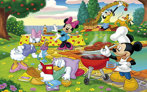 Излет за пикник сред природата Карикатура Мики и Мини Маус Доналд Дък и Дейзи Тапет Hd 1920 × 1200, HD тапет HD wallpaper