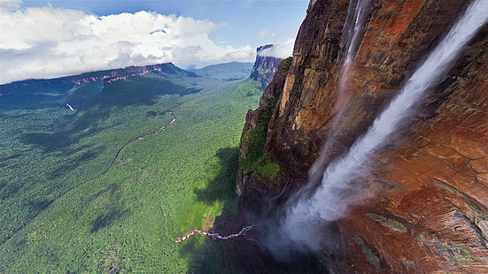Angel Falls, Kanyon, uçurum, bulutlar, manzara, dağ, doğa, kaya, Salto Ángel, Tepuyes, Ağaçlar, tropikal, Venezuela, şelale, HD masaüstü duvar kağıdı HD wallpaper