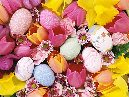 Dużo jajek wielkanocnych, tulipany, jajka, tło wielkanocne, Tapety HD HD wallpaper