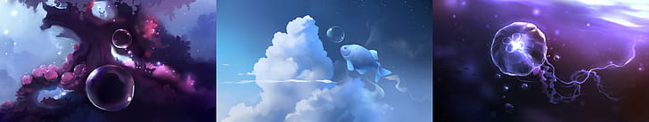 apofiss, aqua, aquatic, aquatique, bubble, cloud, cute, dessin, draw, drawing, fish, mignon, monitor, multi, multiple, nuage, poisson, screen, tree, tripple, HD wallpaper