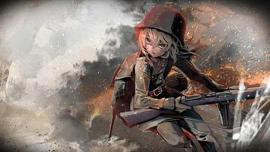Таня Дегуречафф, Youjo Senki, война, военная форма, аниме, HD обои HD wallpaper