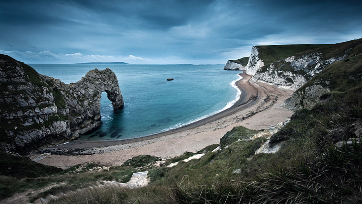 formasi batuan abu-abu, alam, air, pegunungan, Inggris, Dorset, Wallpaper HD