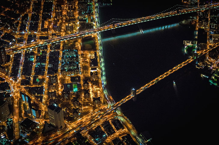 مدينة نيويورك ، الجسر ، النهر ، الولايات المتحدة الأمريكية ، الليل ، المدينة ، المنظر الجوي ، cityscape، خلفية HD