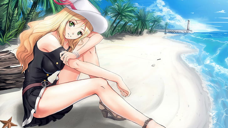 Dziewczyna, plaża, morze, urocze anime dziewczyny, żółtowłosa postać z kreskówki siedząca wzdłuż brzegu ilustracja, dziewczyna, plaża, urocze anime dziewczyny, Tapety HD