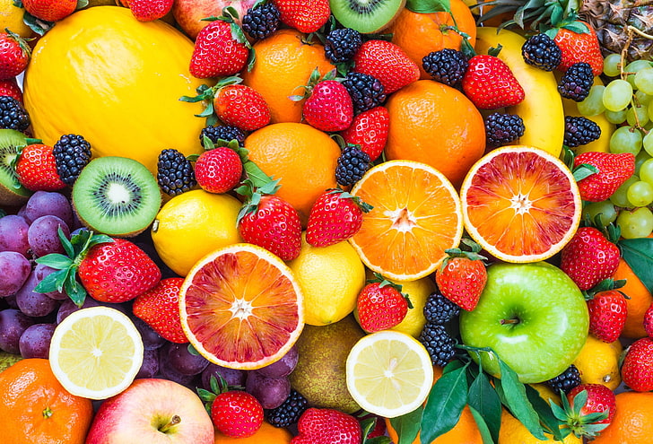 ผลไม้นานาชนิด, อาหาร, ผลไม้, สตรอเบอร์รี่, ส้มสีเลือด, มะนาว, บลูเบอร์รี่, แอปเปิ้ล, กีวี (ผลไม้), องุ่น, สับปะรด, เมลอน, วอลล์เปเปอร์ HD