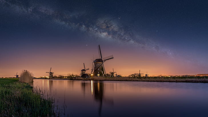 Natur, Mühle, Niederlande, Milchstraße, HD-Hintergrundbild