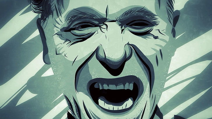 ilustrasi wajah pria, pria, penulis, Charles Bukowski, seni digital, wajah, mulut terbuka, potret, menjerit, gigi, Wallpaper HD