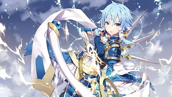 Asada Shino, Sinon (Sword Art Online), Sword Art Online Alicization, armadura, arco y flecha, cabello azul, ojos azules, Fondo de pantalla HD HD wallpaper