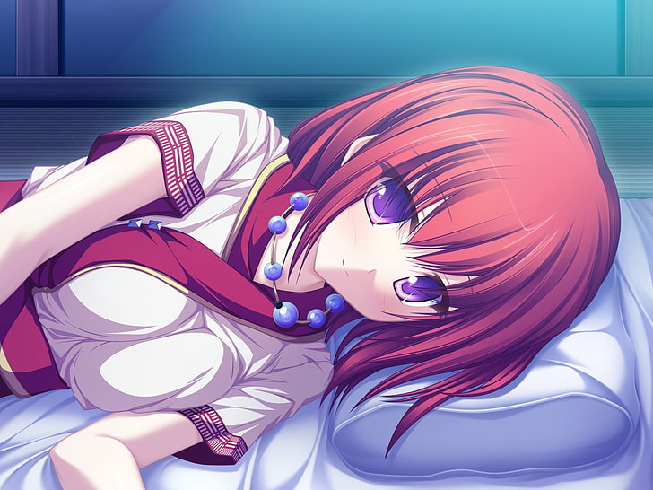 red haired girl illustration, tenmaso, suzukaze no melt, tsubaki nazuna, girl, smile, pillow, HD wallpaper