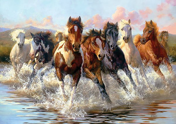 animal, art, group, horses, mountain, water, HD wallpaper