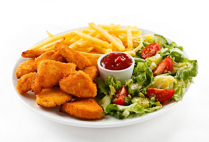 nuggets, fries, and vegetable salad, plate, lettuce, ketchup, meat, potatoes, white background, HD wallpaper