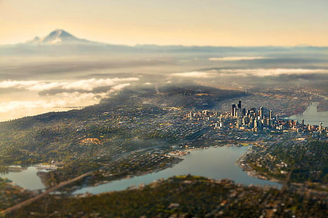 tilt shift, Seattle, landscape, clouds, nature, Mount Rainier, city, HD wallpaper HD wallpaper
