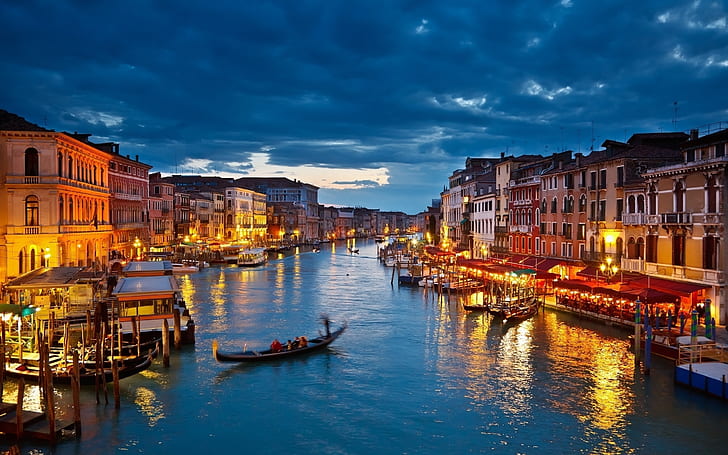 Noc w Wenecji, gondola, miasto, włochy, światła, fot, Tapety HD
