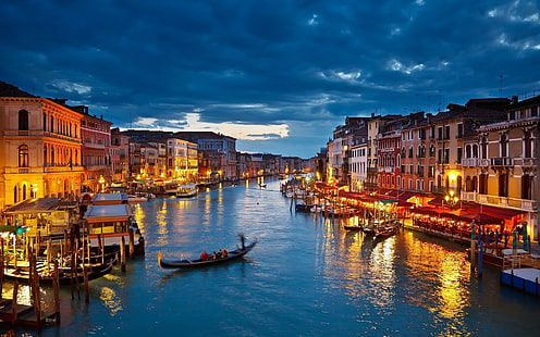 Noc w Wenecji, gondola, miasto, włochy, światła, fot, Tapety HD HD wallpaper