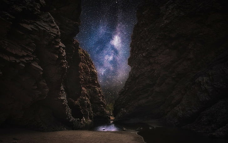 Australia, beach, Canyon, Dark, galaxy, landscape, Long Exposure, Milky way, nature, path, rock, Starry Night, water, HD wallpaper