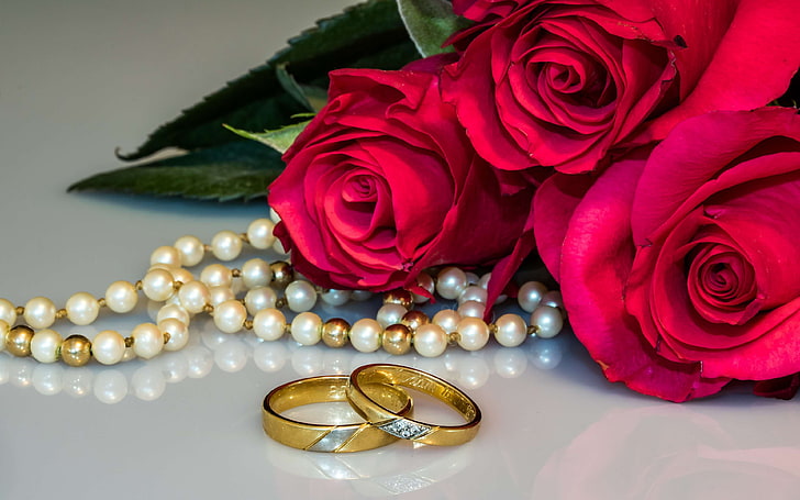 Red Roses Flowers Wedding Rings Necklace With Pearls Photo Greeting Cards 3840×2400, HD wallpaper