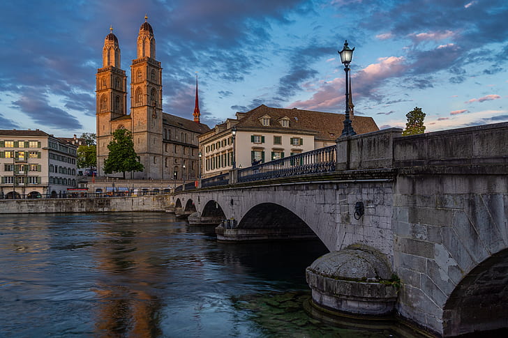 photo, The evening, Bridge, The city, River, Switzerland, Zurich, Street lights, Limmat river, HD wallpaper