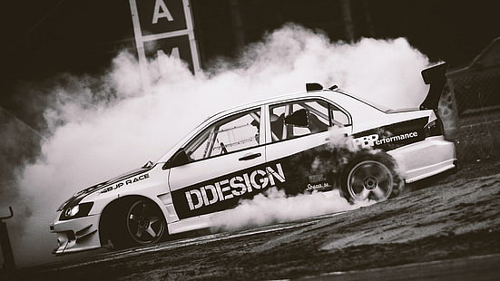 Mitsubishi Evo Drift Smoke, mobil sport putih dan hitam, mitsubishi, drift, smoke, Wallpaper HD HD wallpaper