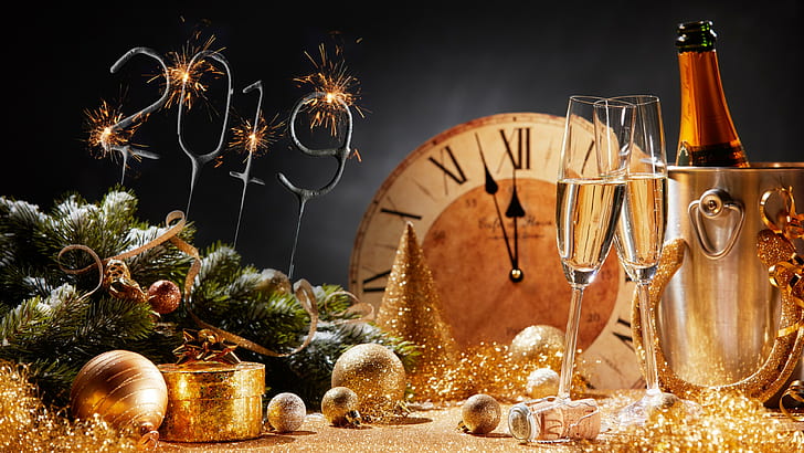 2019, año nuevo, champán, copa de champán, copas de champán, fiesta, fiesta de año nuevo, medianoche, brindis, Fondo de pantalla HD