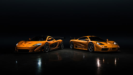 McLaren, McLaren P1 LM, McLaren F1 LM, turuncu arabalar, süper arabalar, Farlar, HD masaüstü duvar kağıdı HD wallpaper