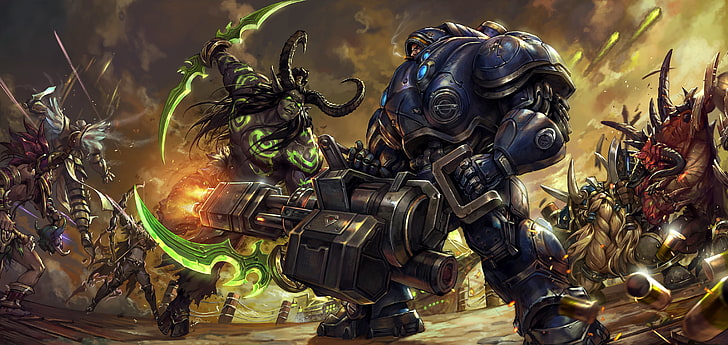 Warcraft X Starcraft illustration, battle, starcraft, armor, World of Warcraft, Warcraft, soldier, diablo, wow, illidan, Sylvanas, witch doctor, terran, Tyrael, Heroes of the Storm, Archangel of Justice, illidan stormrage, moba, Tychus more, Triple Trouble, The Lord Of Shadows, Lost Vikings, Night elf, Banshee Queen, Notorious Outlaw, HD wallpaper