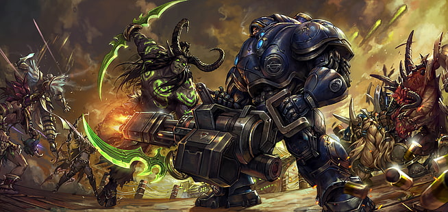 Warcraft X Starcraft illustration, battle, starcraft, armor, World of Warcraft, Warcraft, soldier, diablo, wow, illidan, Sylvanas, witch doctor, terran, Tyrael, Heroes of the Storm, Archangel of Justice, illidan stormrage, moba, Tychus more, Triple Trouble, The Lord Of Shadows, Lost Vikings, Night elf, Banshee Queen, Notorious Outlaw, HD wallpaper HD wallpaper