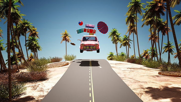 :-), vara, car, summer, stuff, funny, road, palm tree, HD wallpaper