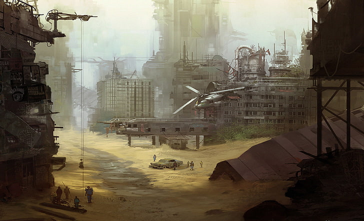 helicopter on ruins illustration, artwork, digital art, helicopters, path, car, apocalyptic, HD wallpaper