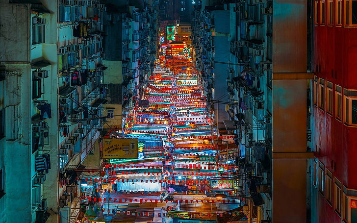 빨간 bantings 많은, 도시 풍경, 홍콩, 거리, HD 배경 화면