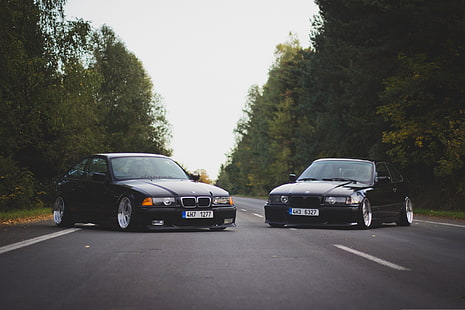 två svarta bilar, Road, BMW, oldschool, 3-serien, E36, Stance, HD tapet HD wallpaper