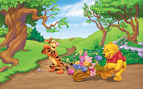 Tigger Piglet And Winnie The Pooh Spring Picking Flower Cart Hd Wallpaper 1920×1200, HD wallpaper HD wallpaper
