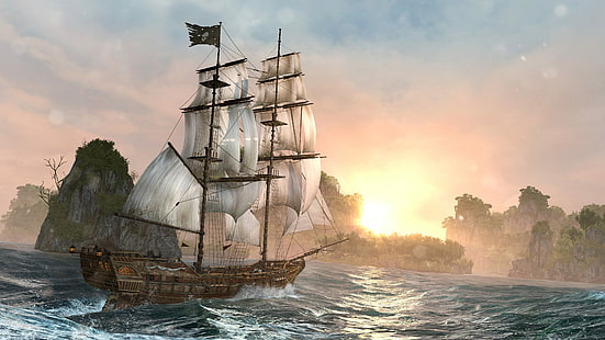 fantasy, ship, pirate, vessel, sky, sea, water, ocean, fisherman, boat, sailing, silhouette, craft, travel, sun, cloud, clouds, HD wallpaper HD wallpaper