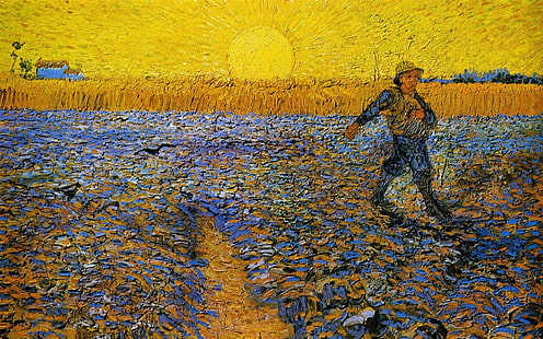 alfombra floral marrón y negra, Vincent van Gogh, sembrador, pintura, sol, arte clásico, obras de arte, Fondo de pantalla HD HD wallpaper