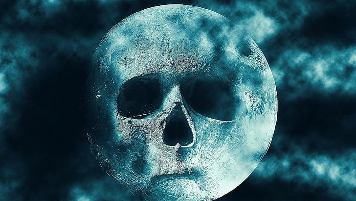 face, moon, fantasy art, skull, cool, night, creepy, scary, full moon, frightening, HD wallpaper