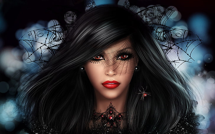 Dark, Gothic, Brunette, Fantasy, Girl, Lipstick, Spider, Woman, HD wallpaper