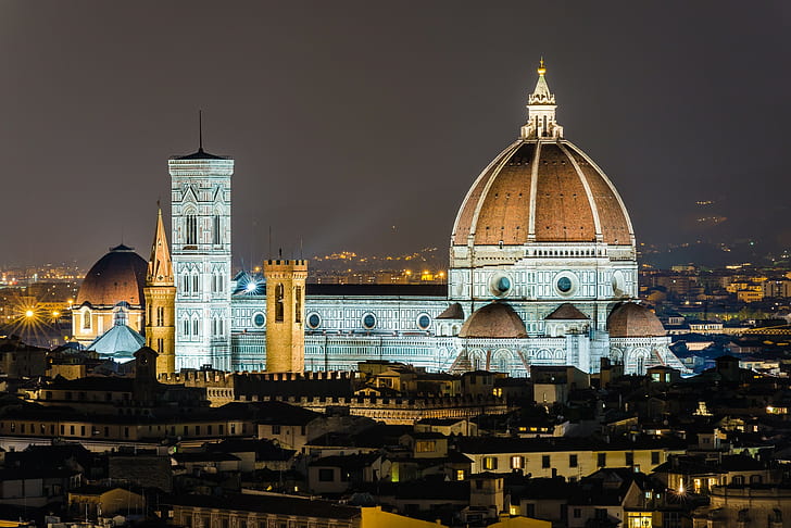 The Cathedral of Santa Maria del Fiore, Italy, lights, home, the sky, night, Florence, the Cathedral of Santa Maria del Fiore, Giotto's bell tower, Duomo, HD wallpaper