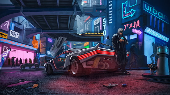 sztuka cyfrowa, futurystyczny, grafika gier wideo, cyberpunk, Cyberpunk 2077, neon, blask neonu, samochód, Tapety HD HD wallpaper