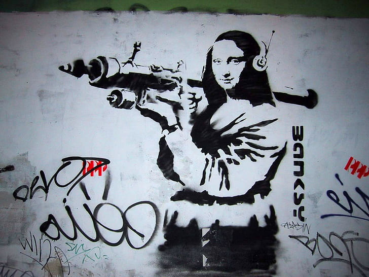 artwork, headphones, Mona Lisa, Banksy, laughing, HD wallpaper