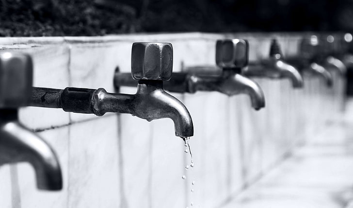 bathroom, black and white, drops, tap, taps, water, water drops, HD wallpaper