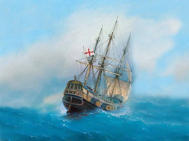 brown sailing ship, painting, ship, vehicle, artwork, HD wallpaper
