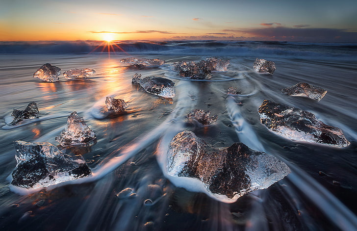 wave, ice, Iceland, tide, March, Vatnajökull, Breiðamerkurjökull, Vatnajökull National Park, HD wallpaper